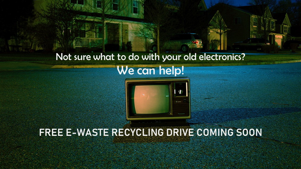 A picture of an old TV in the middle of a road. Not sure what to do with old electronics? E-Waste day coming, click for more info