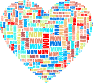 A heart formed out of many "Mom" words in various bright colours