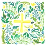 Yellow cross on a background of green leaves, in watercolour.